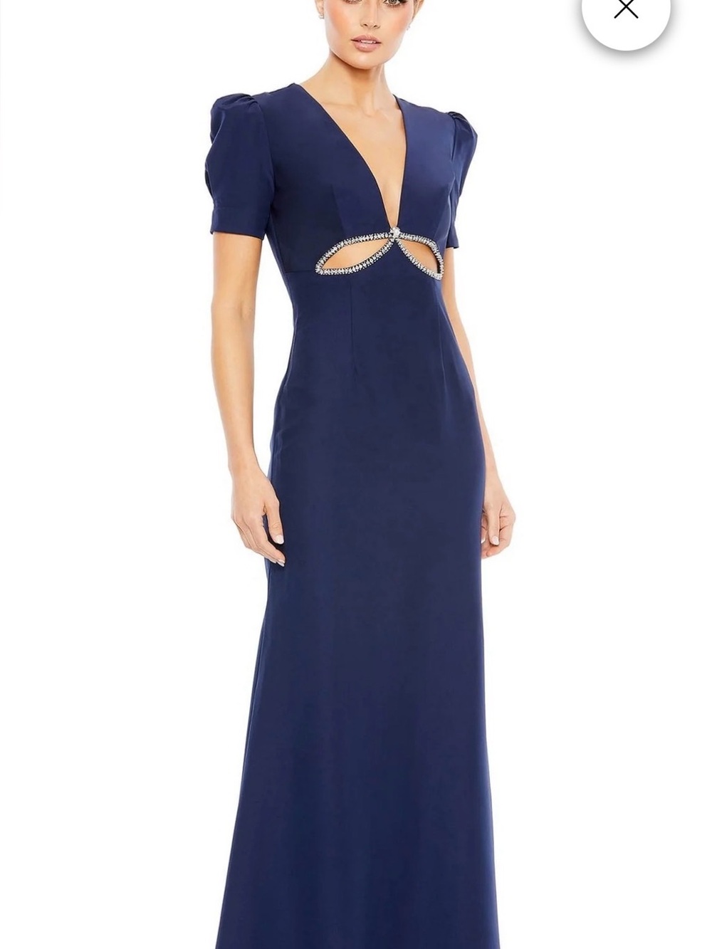 IEENA for MAC DUGGAL Navy Rhinestone Cut-Out Gown V-Neck Puff Sleeve Size 10